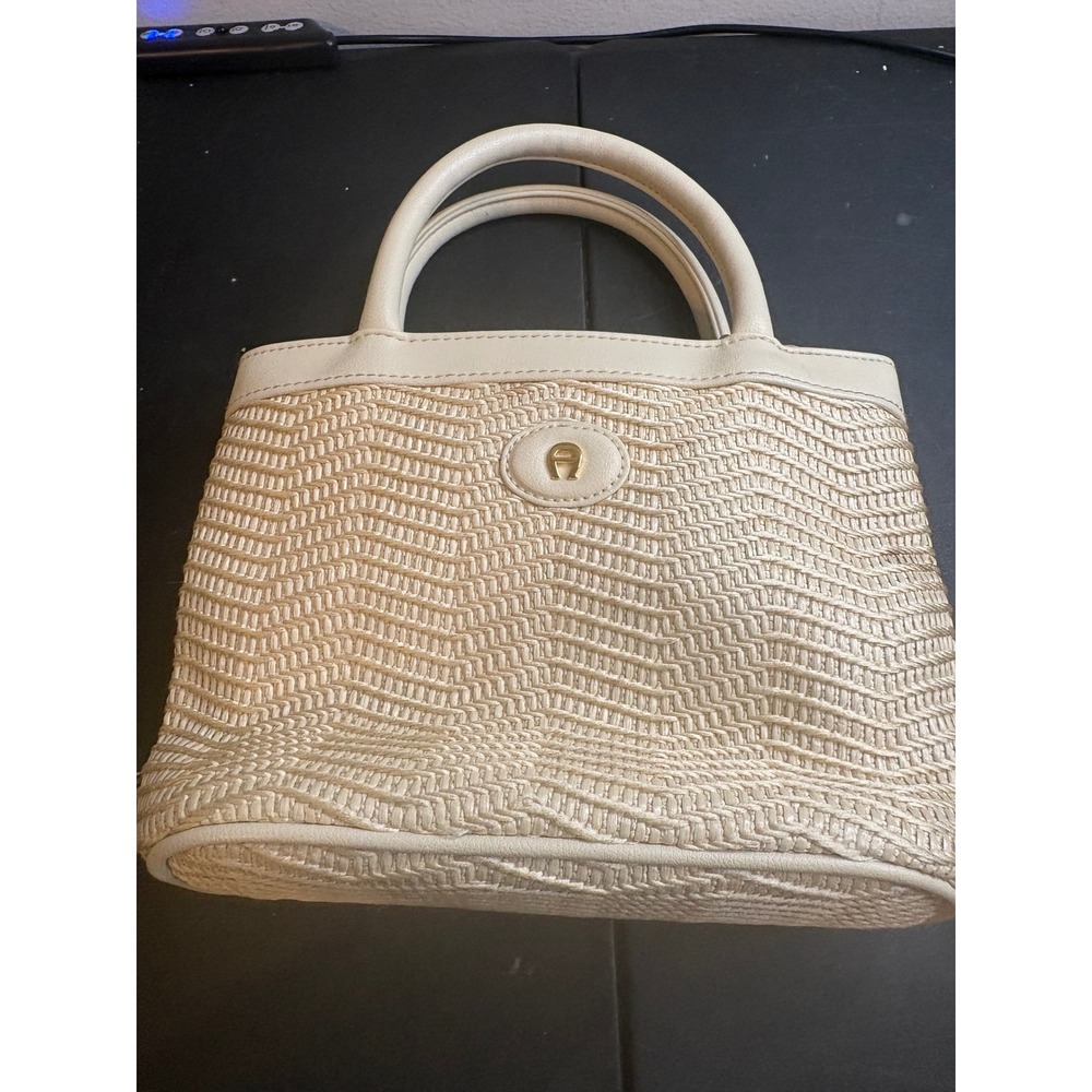 Etienne Aigner Cream Woven Straw Top Handle Handbag Gold Logo Summer Tote